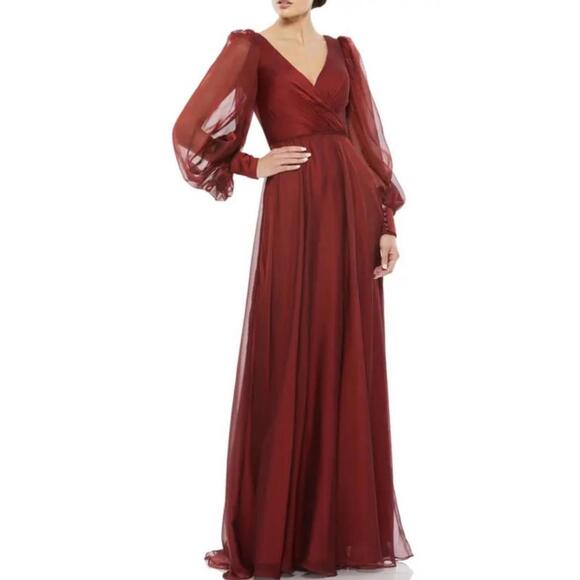 MAC DUGGAL 67873 SHEER BLOUSON SLEEVE SURPLICE A-LINE CHIFFON GARNET GOWN Sz 14 - Picture 1 of 9